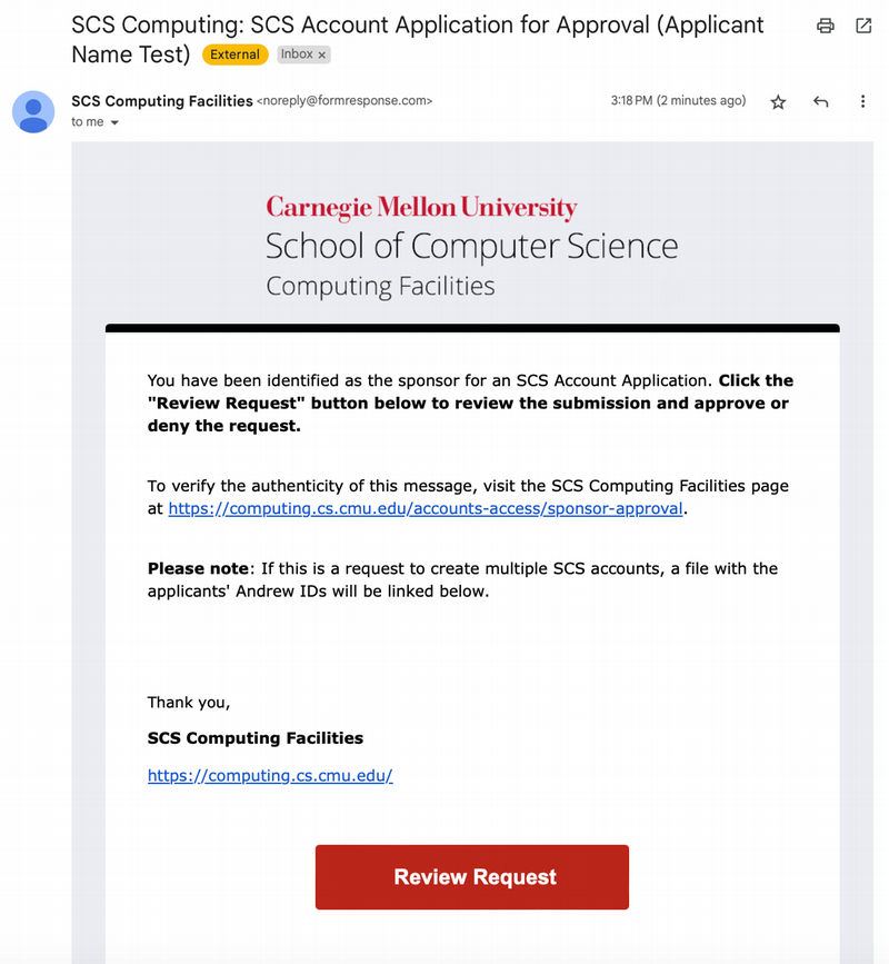 Screenshot example of an email from SCS Computing Facilities, requesting the sponsor review and approve submission.
