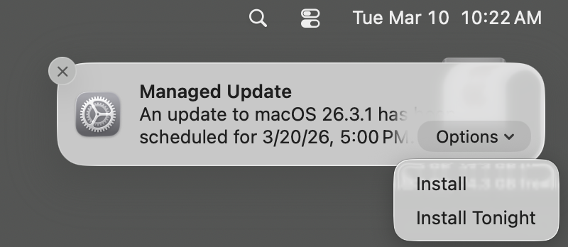 Prompt for the required managed update on the Sequoia OS with option to "Install" or "Try tonight".