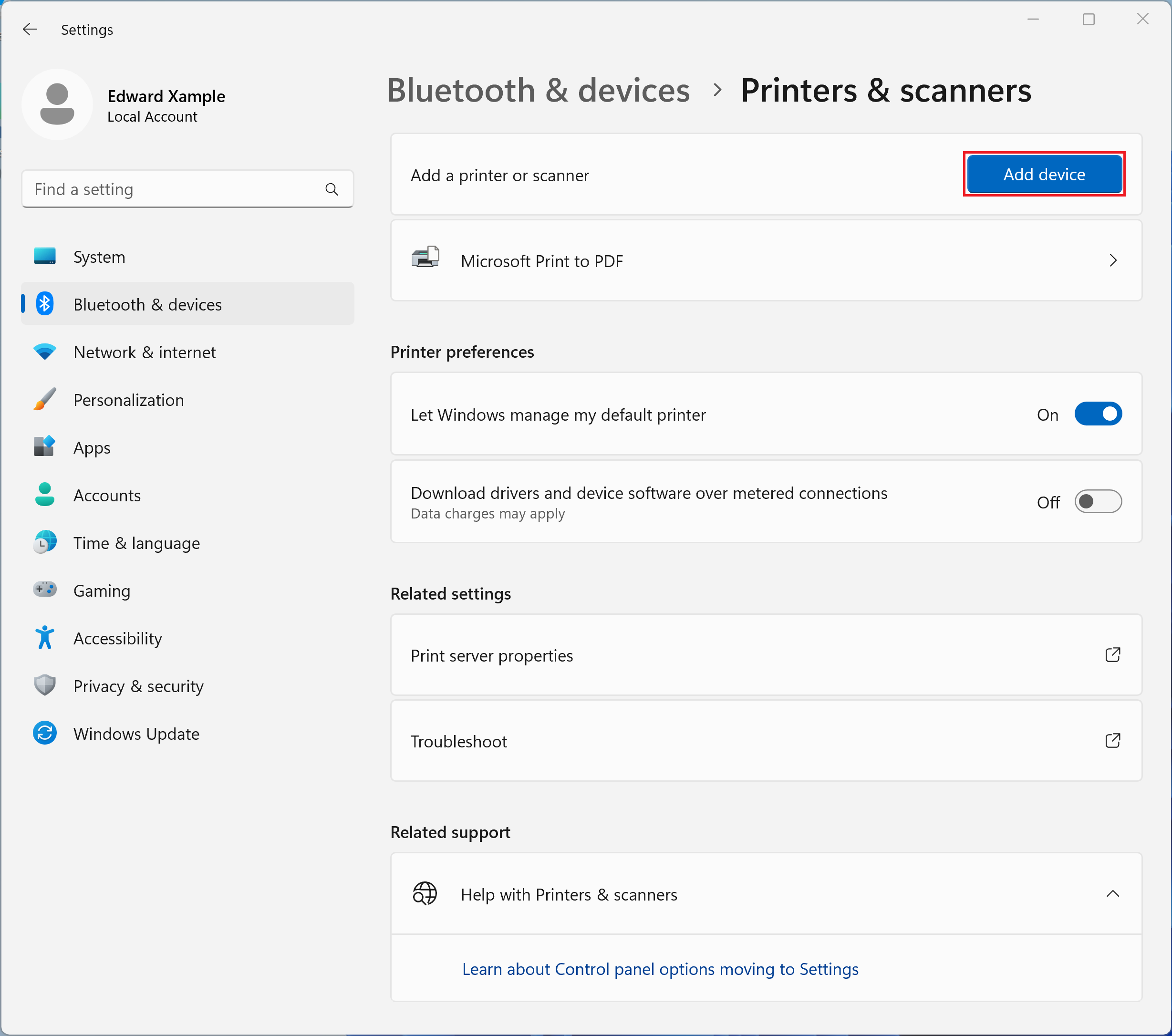 Screenshot of add device option within Printers & scanners menu